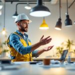 A photograph of a lighting contractor examining various light fixtures in a well-lit workspace