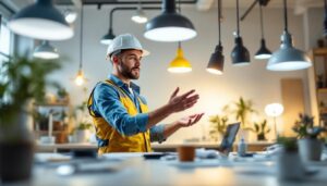 A photograph of a lighting contractor examining various light fixtures in a well-lit workspace