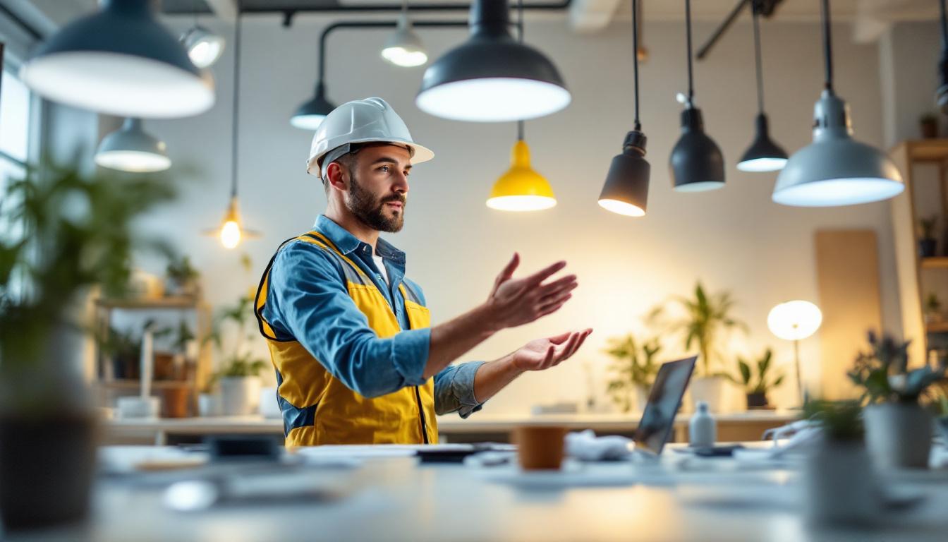 A photograph of a lighting contractor examining various light fixtures in a well-lit workspace