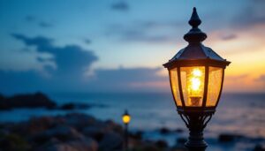 A photograph of capture a photograph of a beautifully designed nautical lamp post light illuminating a coastal setting at dusk