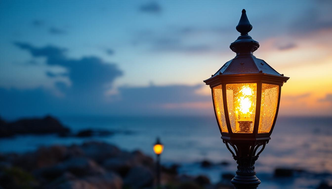 A photograph of capture a photograph of a beautifully designed nautical lamp post light illuminating a coastal setting at dusk