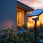 A photograph of a single solar light installed in a residential or commercial outdoor setting