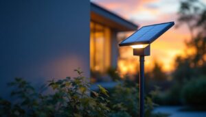 A photograph of a single solar light installed in a residential or commercial outdoor setting