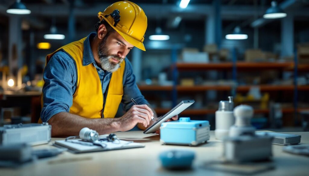 A photograph of a lighting contractor examining various instant start ballasts in a well-lit workspace