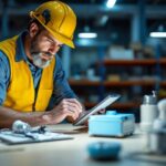 A photograph of a lighting contractor examining various instant start ballasts in a well-lit workspace