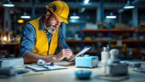 A photograph of a lighting contractor examining various instant start ballasts in a well-lit workspace