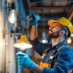 A photograph of a skilled lighting contractor installing or inspecting various types of electrical fixtures in a well-lit environment
