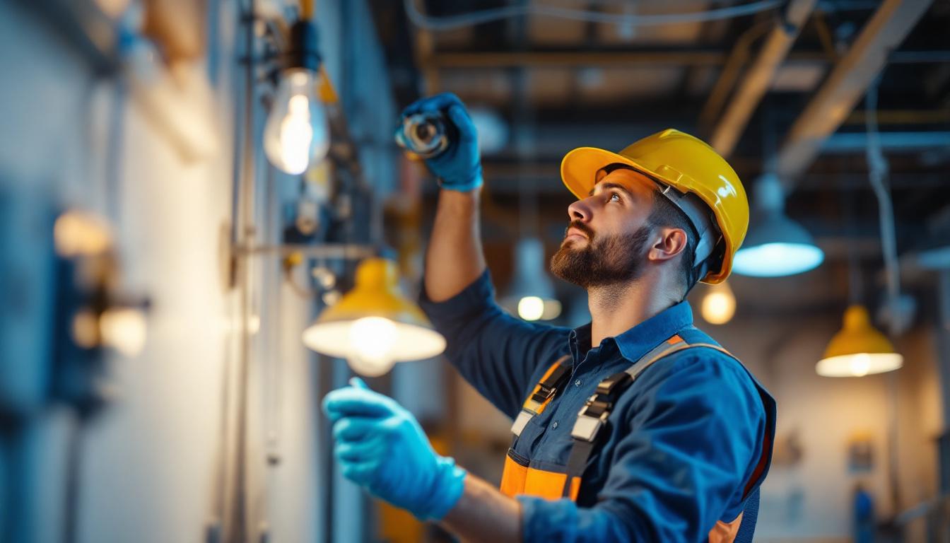 A photograph of a skilled lighting contractor installing or inspecting various types of electrical fixtures in a well-lit environment