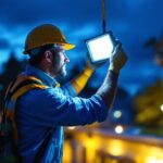 A photograph of a lighting contractor installing a flood light lamp in a vibrant outdoor setting
