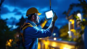 A photograph of a lighting contractor installing a flood light lamp in a vibrant outdoor setting