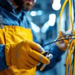 A photograph of a skilled lighting contractor expertly connecting wires in a well-lit space