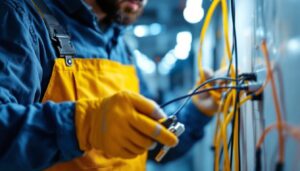 A photograph of a skilled lighting contractor expertly connecting wires in a well-lit space
