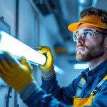A photograph of a lighting contractor carefully removing a fluorescent bulb from a fixture