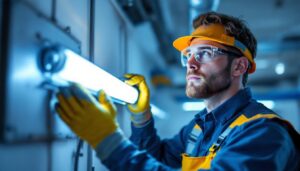 A photograph of a lighting contractor carefully removing a fluorescent bulb from a fixture