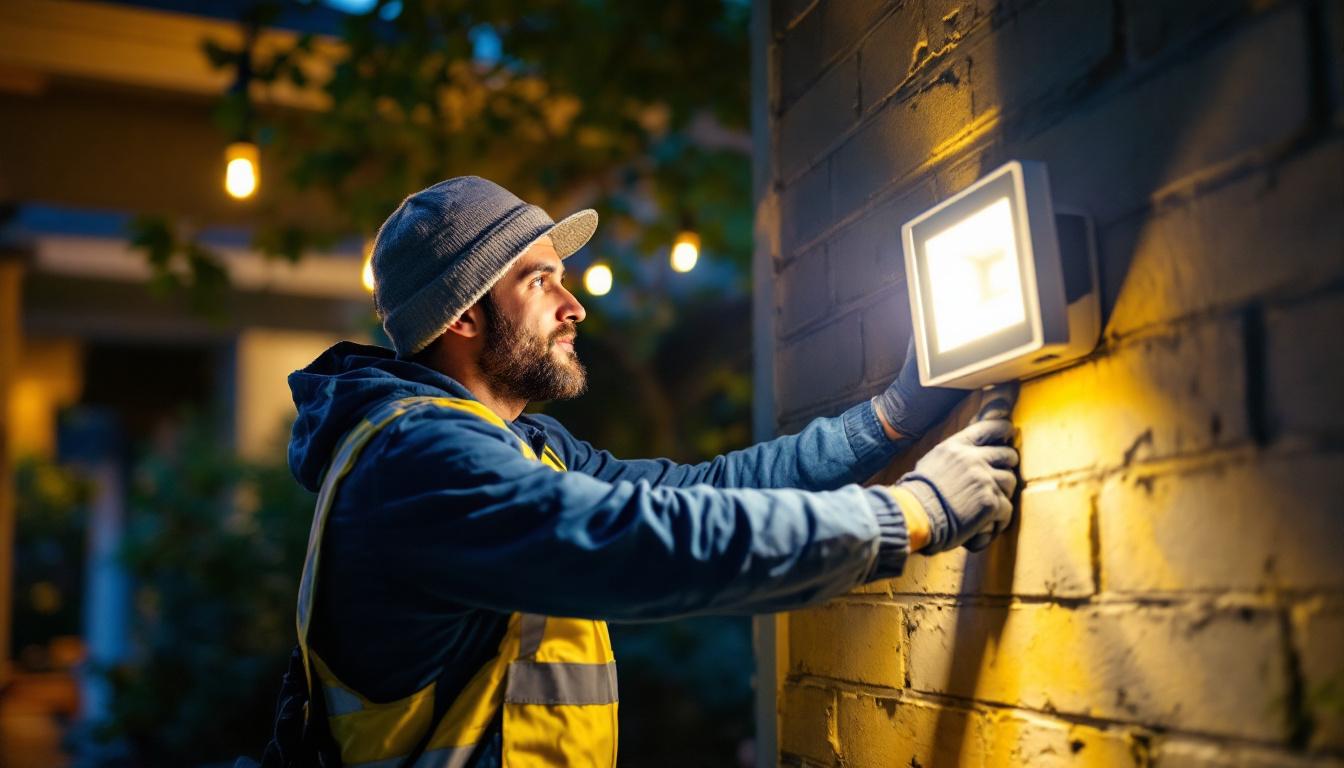 A photograph of a lighting contractor installing or demonstrating a top-rated motion sensor flood light in a residential or commercial setting