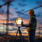 A photograph of a lighting contractor setting up portable field lighting at a construction site during dusk