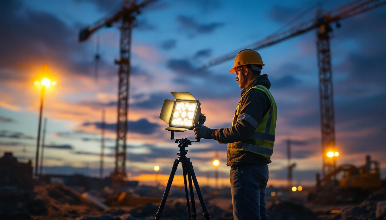 A photograph of a lighting contractor setting up portable field lighting at a construction site during dusk
