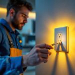 A photograph of a skilled lighting contractor installing a stylish designer electrical outlet in a modern interior setting