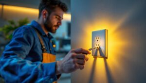 A photograph of a skilled lighting contractor installing a stylish designer electrical outlet in a modern interior setting