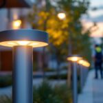 A photograph of a modern bollard light installed in an outdoor setting