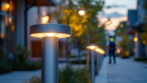 A photograph of a modern bollard light installed in an outdoor setting