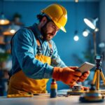 A photograph of a lighting contractor actively working on a project