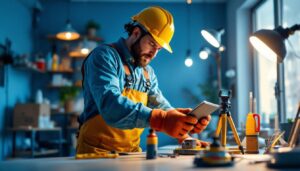 A photograph of a lighting contractor actively working on a project