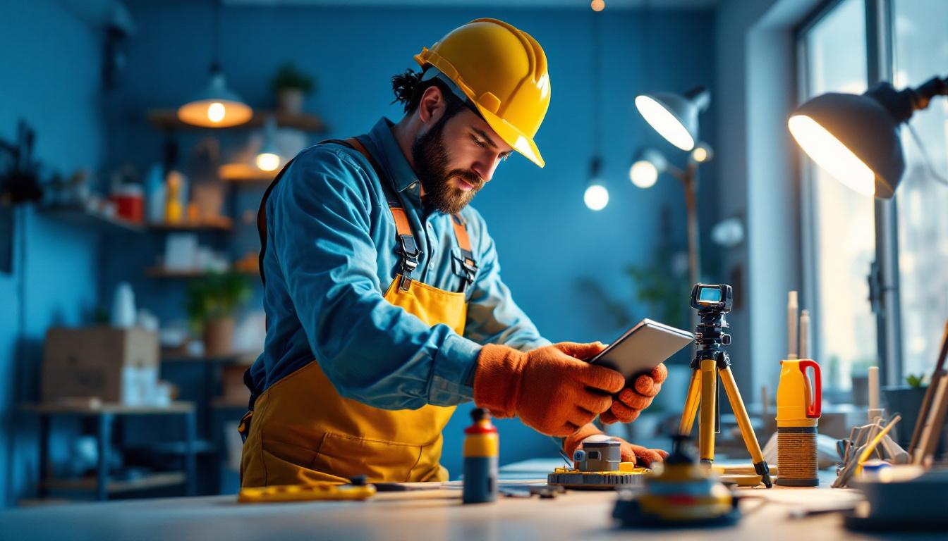 A photograph of a lighting contractor actively working on a project
