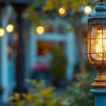 A photograph of a beautifully restored vintage gas station light fixture in a charming outdoor setting