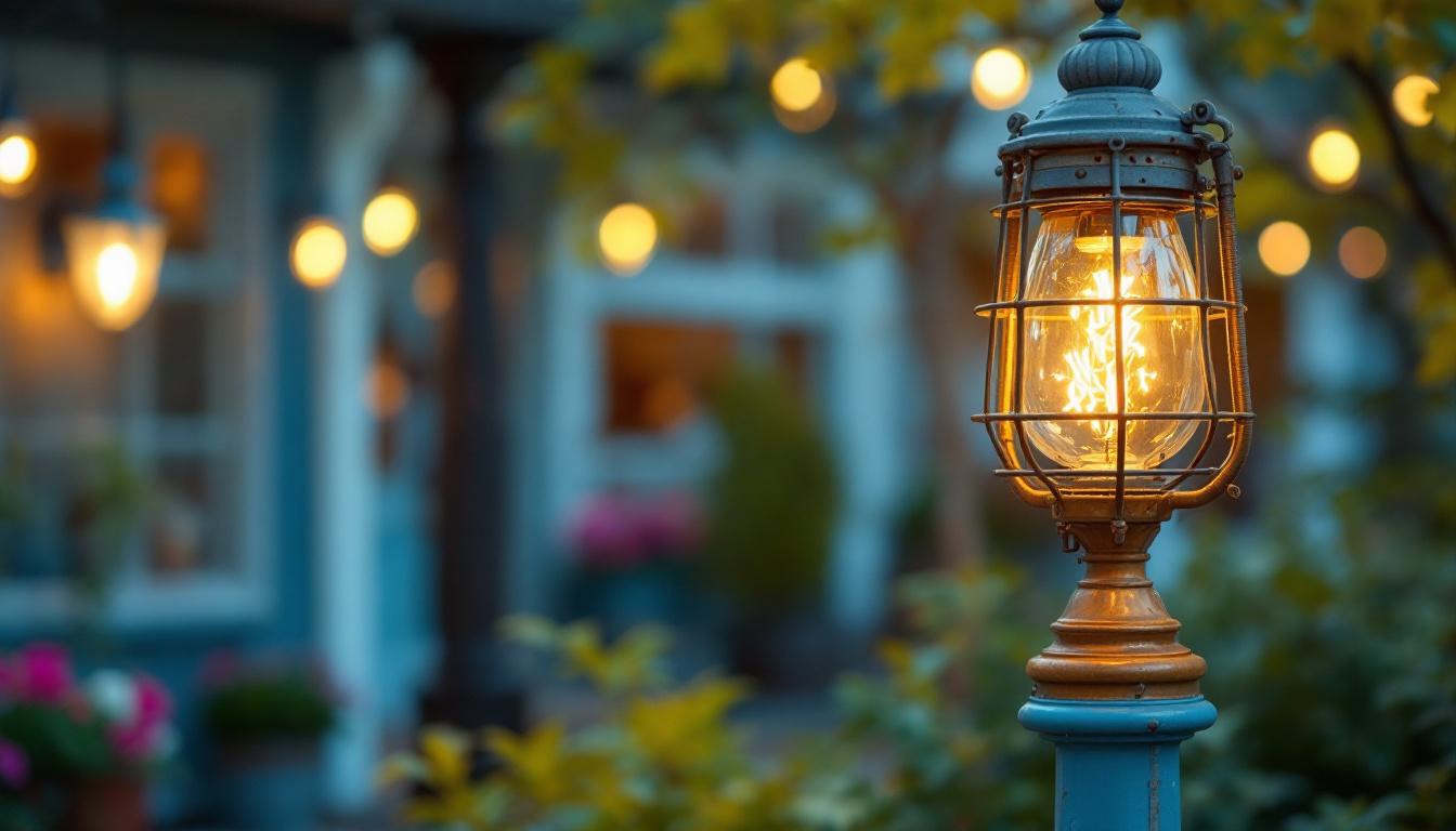 A photograph of a beautifully restored vintage gas station light fixture in a charming outdoor setting