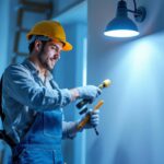 A photograph of a lighting contractor skillfully retrofitting an led can light in a residential setting