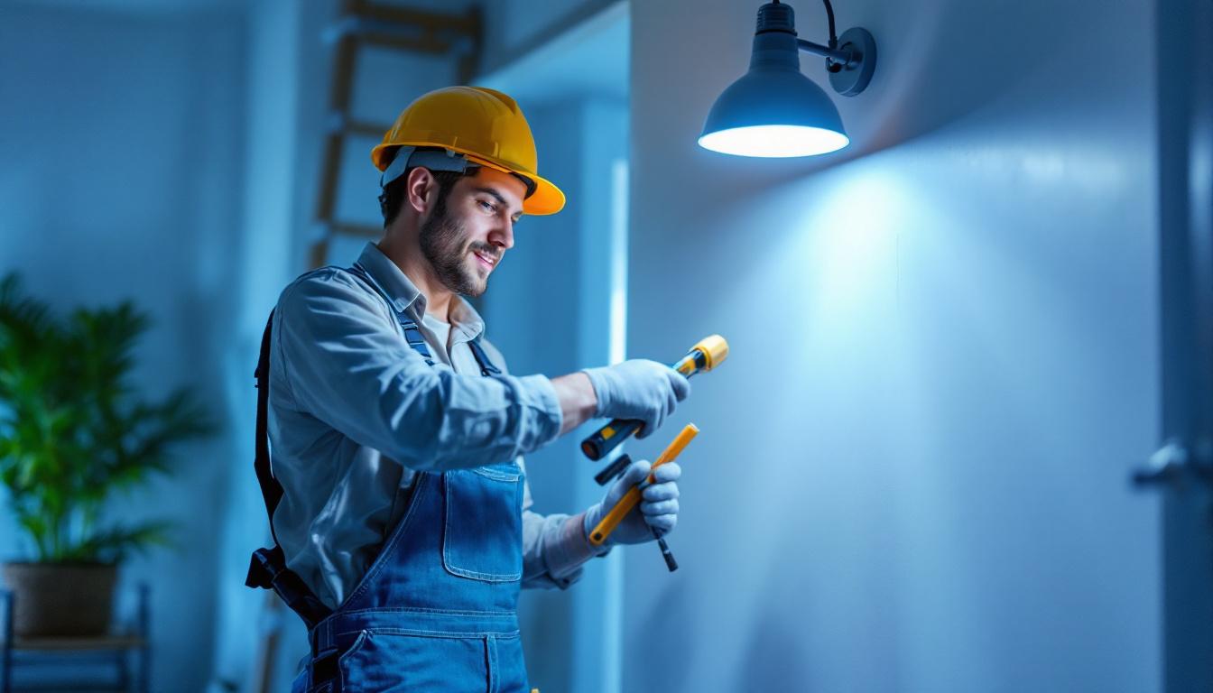 A photograph of a lighting contractor skillfully retrofitting an led can light in a residential setting