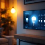 A photograph of a modern smart home lighting control panel in a stylish living room setting