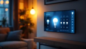 A photograph of a modern smart home lighting control panel in a stylish living room setting