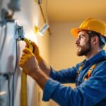 A photograph of an electrician skillfully using a wire snake to navigate through tight spaces in a residential setting