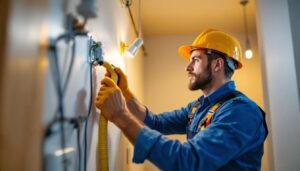 A photograph of an electrician skillfully using a wire snake to navigate through tight spaces in a residential setting