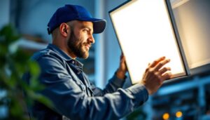 A photograph of a lighting contractor expertly installing or showcasing the light cover square in a well-lit environment