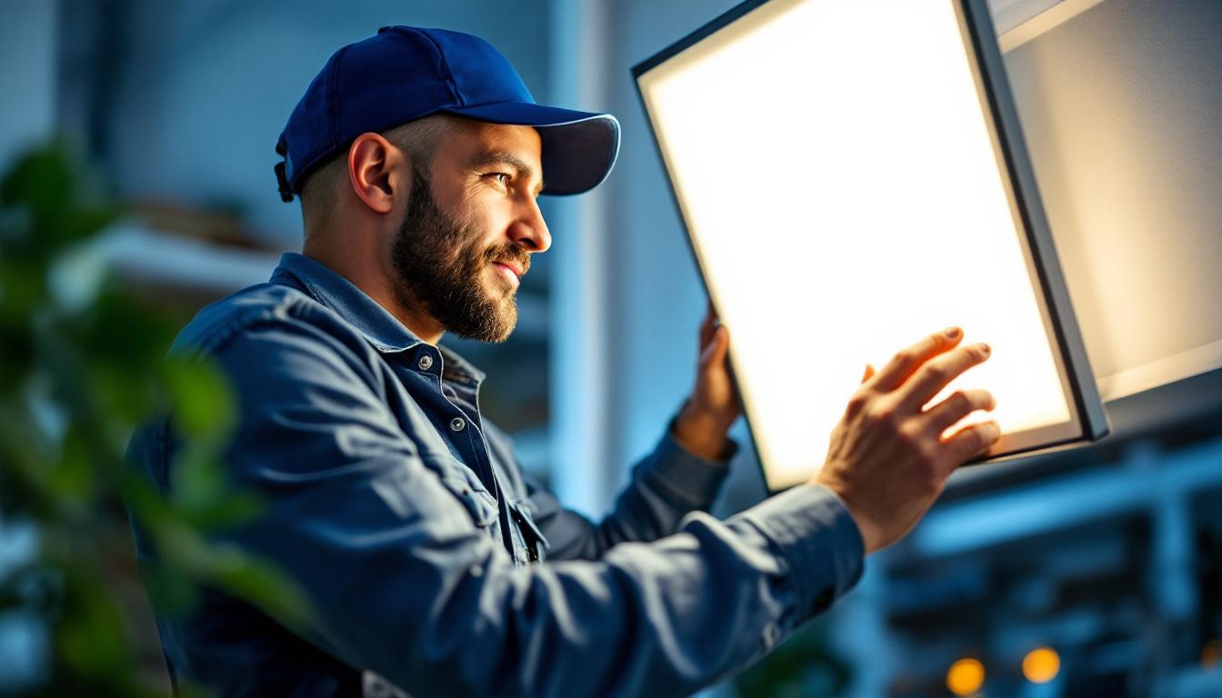 A photograph of a lighting contractor expertly installing or showcasing the light cover square in a well-lit environment