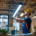 A photograph of a professional lighting contractor installing a sleek led tube light in a modern workspace