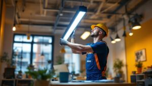 A photograph of a professional lighting contractor installing a sleek led tube light in a modern workspace