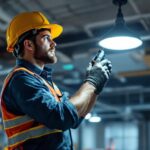 A photograph of a skilled lighting contractor installing or inspecting an emergency combo light in a commercial setting