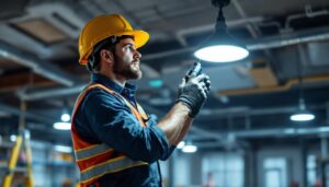 A photograph of a skilled lighting contractor installing or inspecting an emergency combo light in a commercial setting