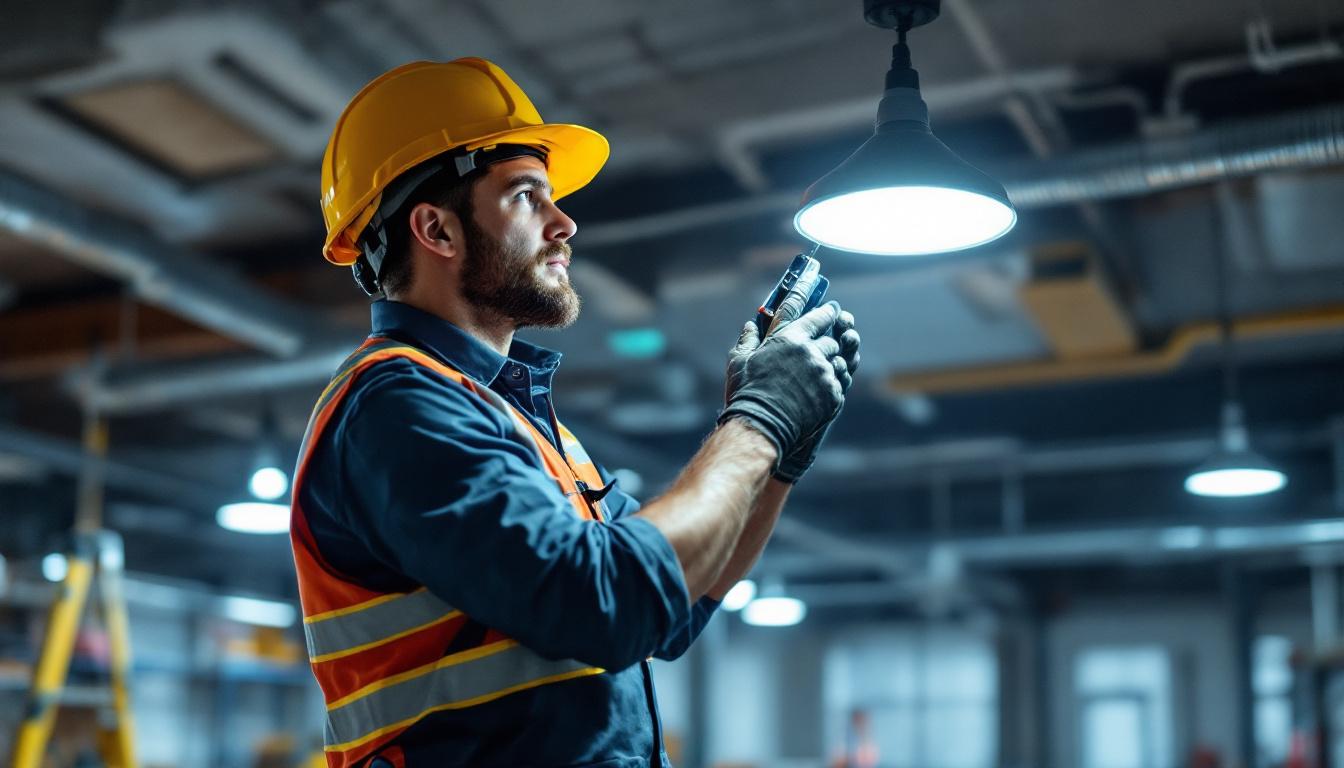 A photograph of a skilled lighting contractor installing or inspecting an emergency combo light in a commercial setting