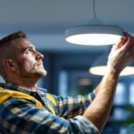 A photograph of a skilled lighting contractor installing a sleek surface-mounted led light fixture in a modern interior space