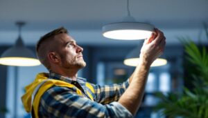 A photograph of a skilled lighting contractor installing a sleek surface-mounted led light fixture in a modern interior space