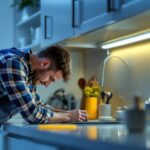 A photograph of a lighting contractor installing under cabinet lighting in a modern kitchen
