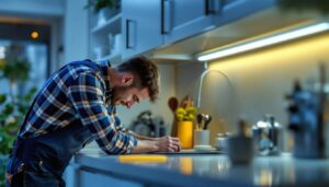 A photograph of a lighting contractor installing under cabinet lighting in a modern kitchen
