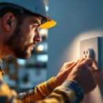 A photograph of a skilled lighting contractor installing or inspecting a modern electrical wall socket in a well-lit residential or commercial setting