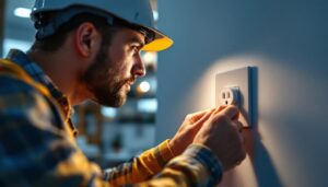 A photograph of a skilled lighting contractor installing or inspecting a modern electrical wall socket in a well-lit residential or commercial setting