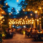 A photograph of a beautifully illuminated outdoor space featuring cafe lights in action